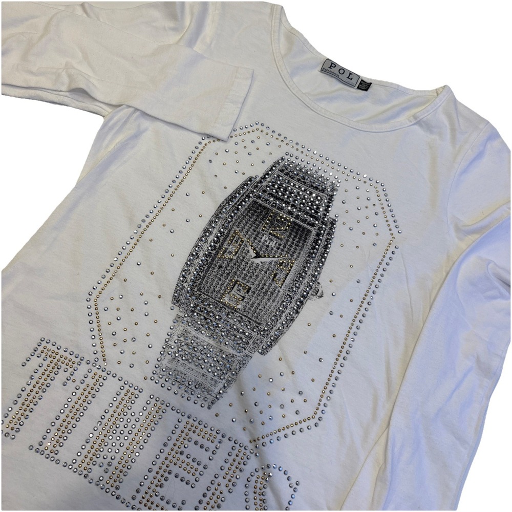 POL Women's‎ Large "Time Is" Watch Long Sleeve Tunic Top w Gold /Silver Accents